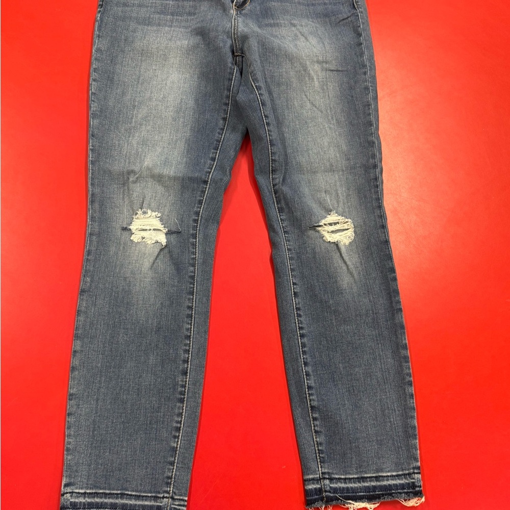 Society Blue Straight Leg Jeans with Distressed Details raw hem ankle length